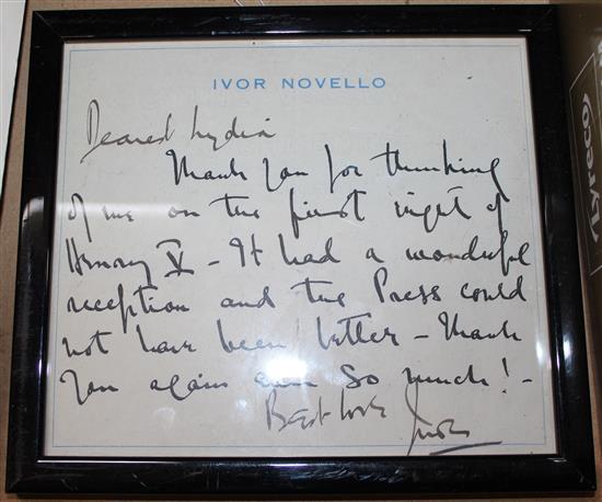 Framed & glazed letter from Ivor Novello to Lydia Lupokova